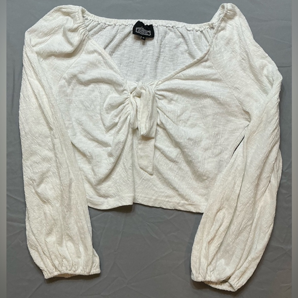 Angie White Long Sleeve Tie Front Crop Blouse